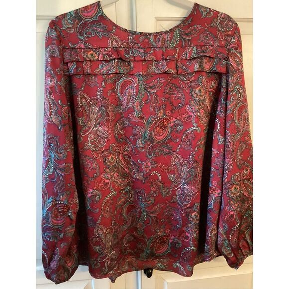 Talbots Petites Red Ruffle Paisley Blouse Top Sz 2XP Satin - Picture 2 of 9